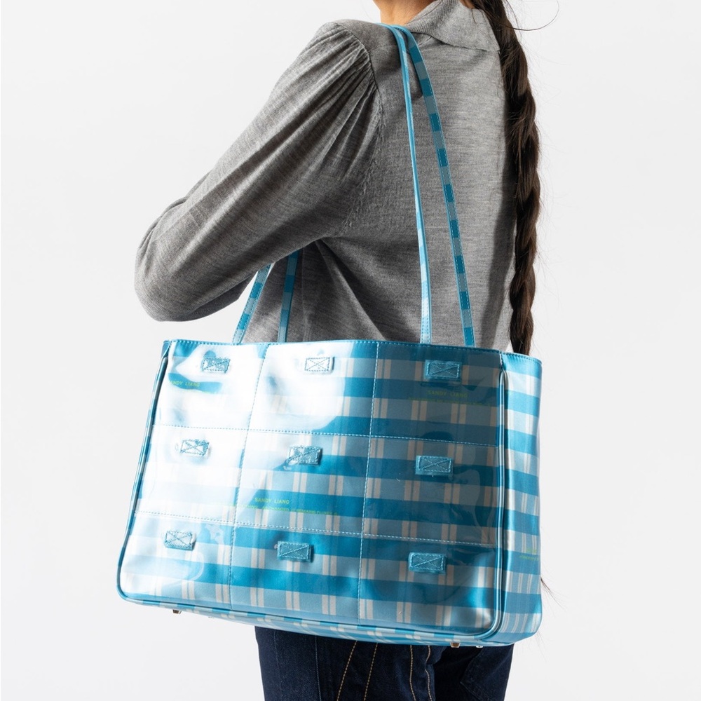 ISO: Sandy Liang Windows Tote | Blue Plaid Tote Bag with Dual Straps